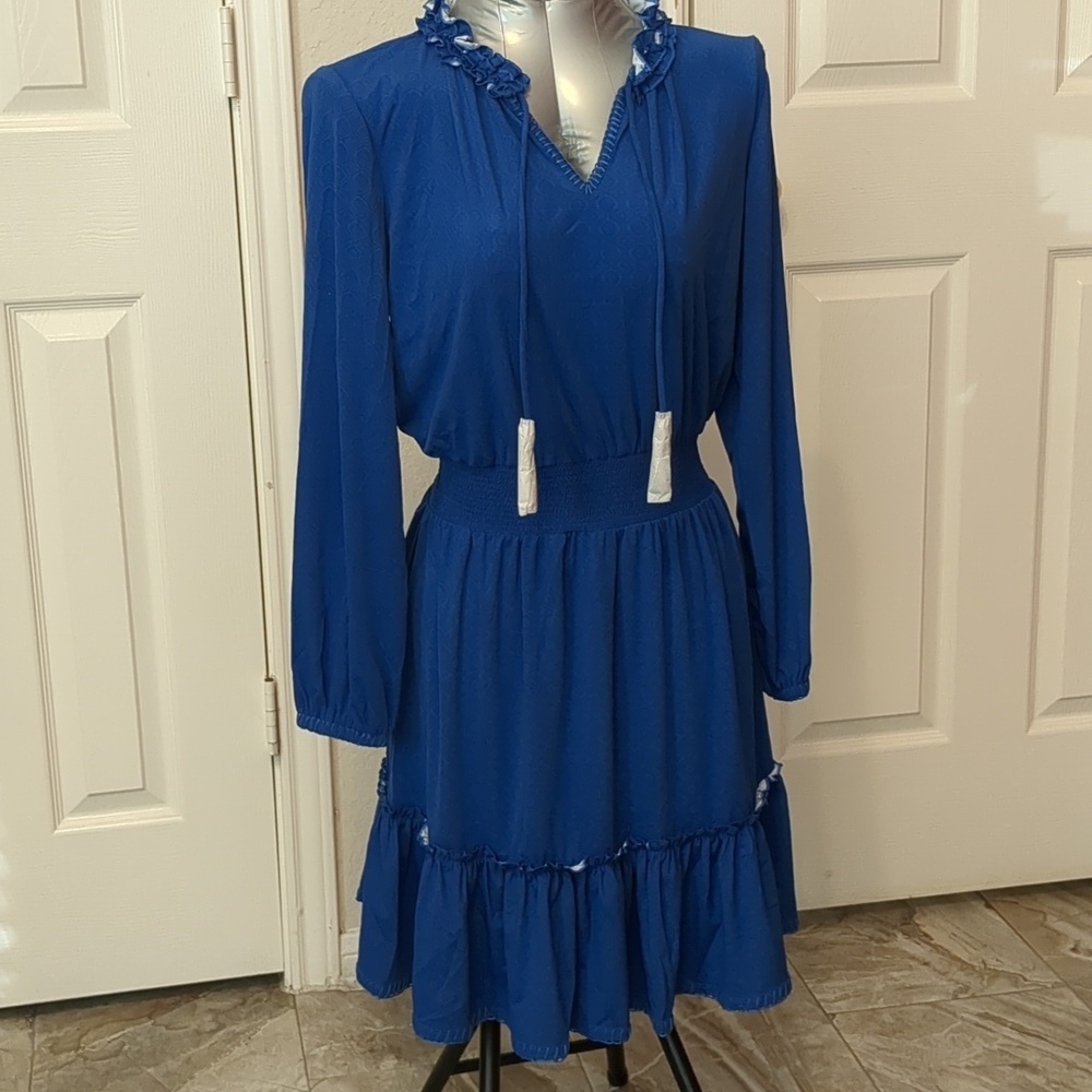 CABANA LIFE Blue Raffel, Smocked Waist,Long Sleeve /Mini Dress NWT Size S